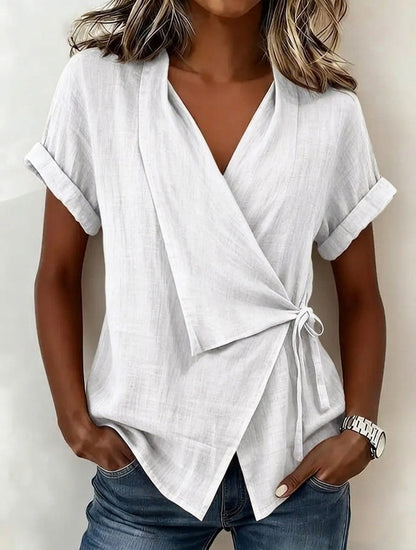 Women's Casual Lapel Collar Lace-Up Short-Sleeve Linen Top FitiqueFit