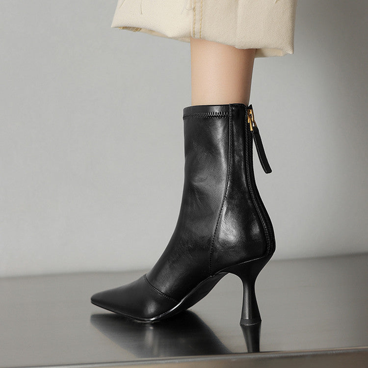 Women’s Cowhide Pointed Toe Stiletto Ankle Boots – Back Zipper High Heel Booties FitiqueFit