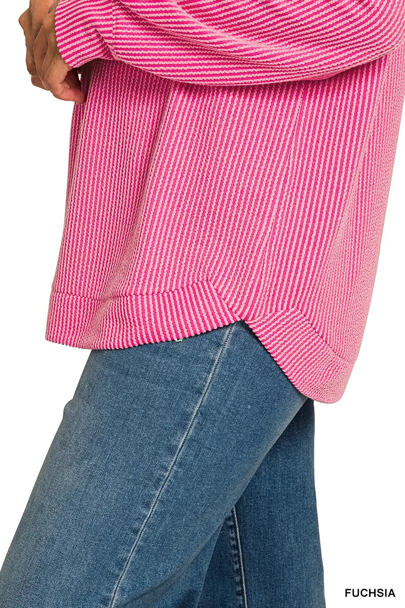 Zenana Full Size Raised Rib Round Neck Long Sleeve Top Plus Size Garden Naked Curves