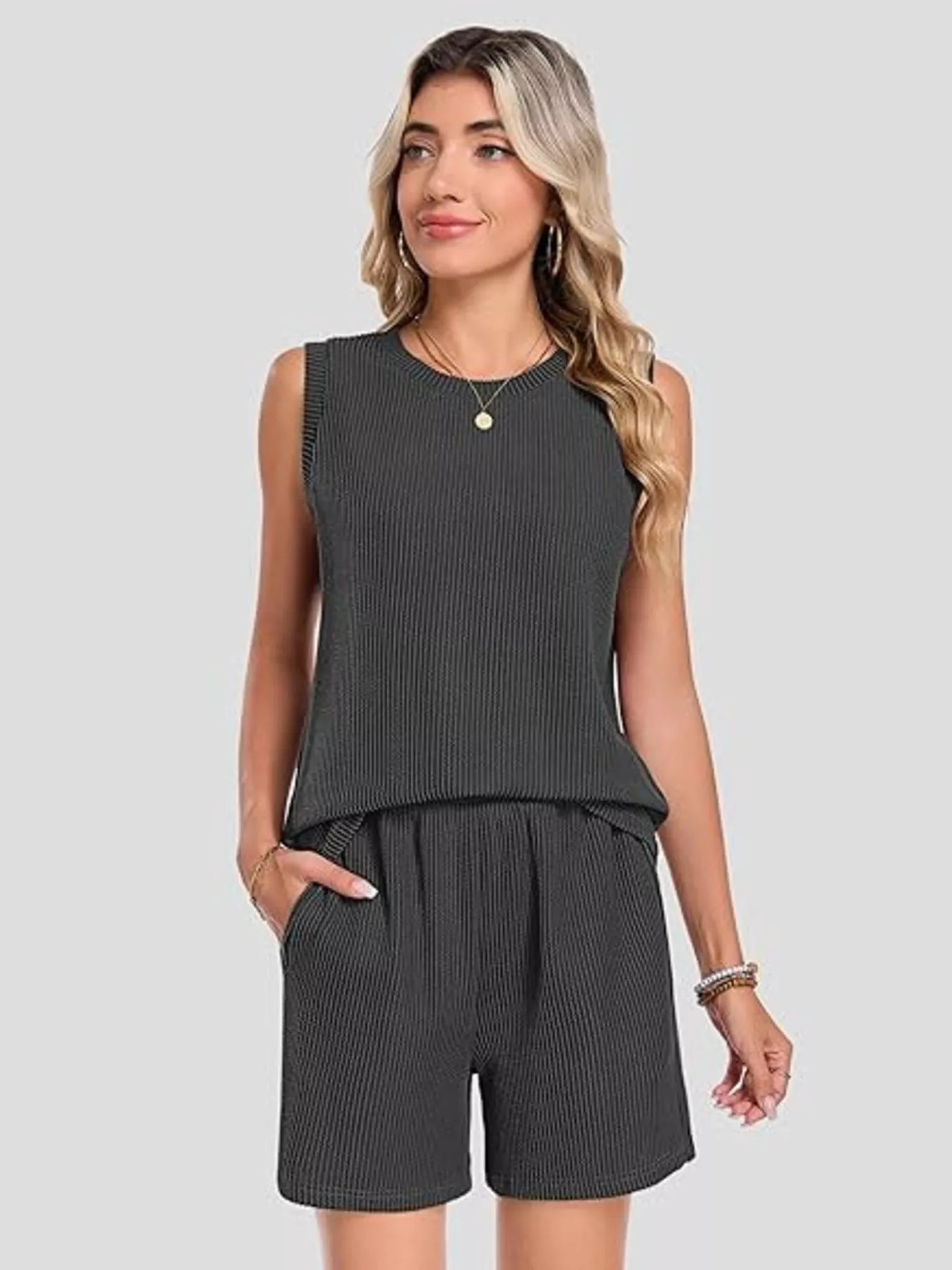 Casual Ribbed Knit Sleeveless Top and Shorts Set New Era Fashion LLc
