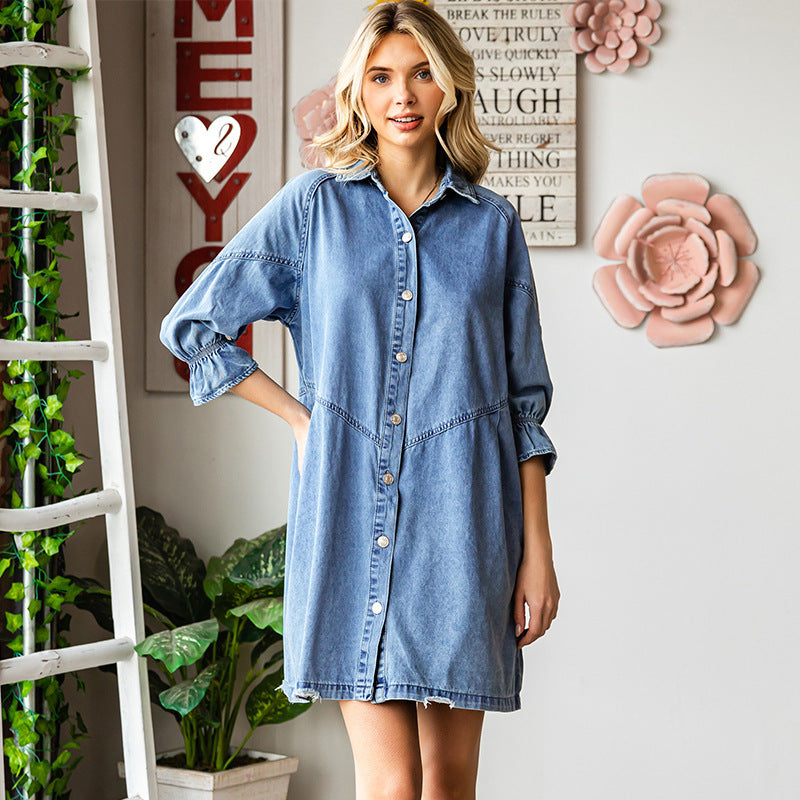 Women's Three-Quarter Sleeve Denim Dress – Ruffle Detail Mid-Length FitiqueFit