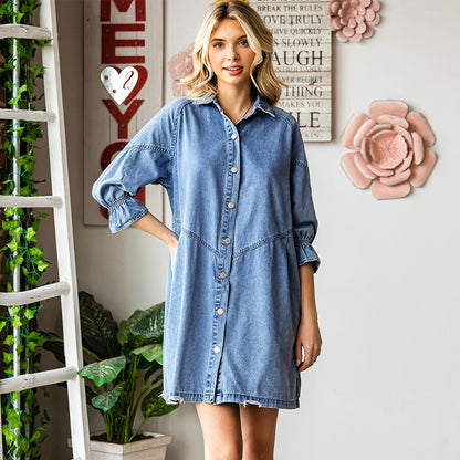 Women's Three-Quarter Sleeve Denim Dress – Ruffle Detail Mid-Length FitiqueFit