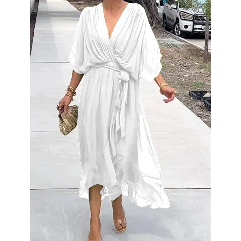 Batwing Sleeve V-Neck Midi Dress – Tied Irregular Hem Fairy Dress FitiqueFit