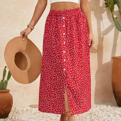 European And American Printed Breasted Self-tie Summer Pastoral A- Line Skirt Advanced Skirt Grayceful LLC