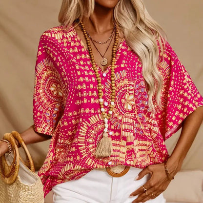 Mandala Print V-Neck Blouse – Casual Vacation Top FitiqueFit