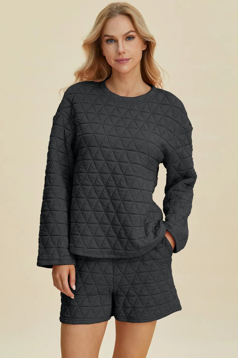 Double Take Full Size Texture Round Neck Long Sleeve Top and Shorts Set West2East Surf