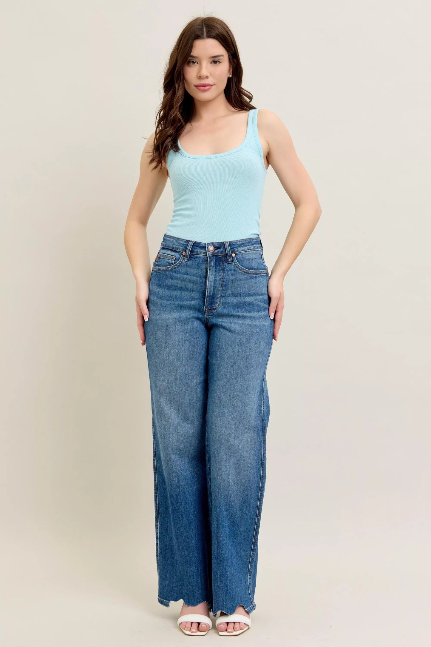 Judy Blue Full Size High Waist Tummy Control Chew Hem Destroy Wide Jeans Plus Size Garden Naked Curves