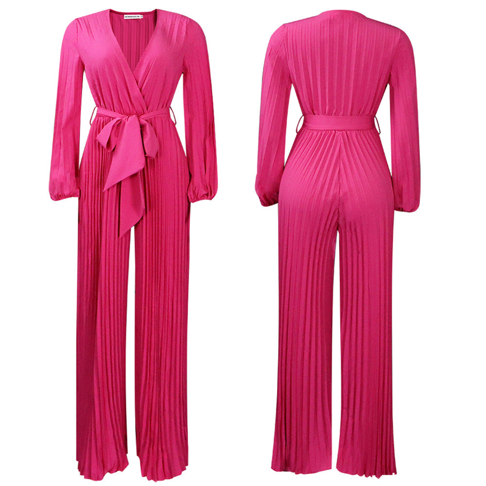 V-neck Lace Up Pleated Wide-leg Plus Size Jumpsuit See size chart under “more details” The Fashion Celestial