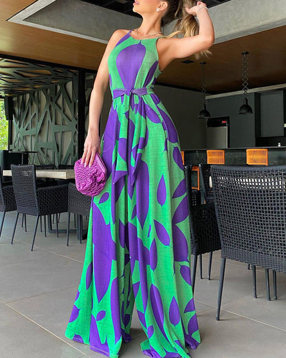 Green Printing Casual Lace Up Jumpsuit Grayceful LLC
