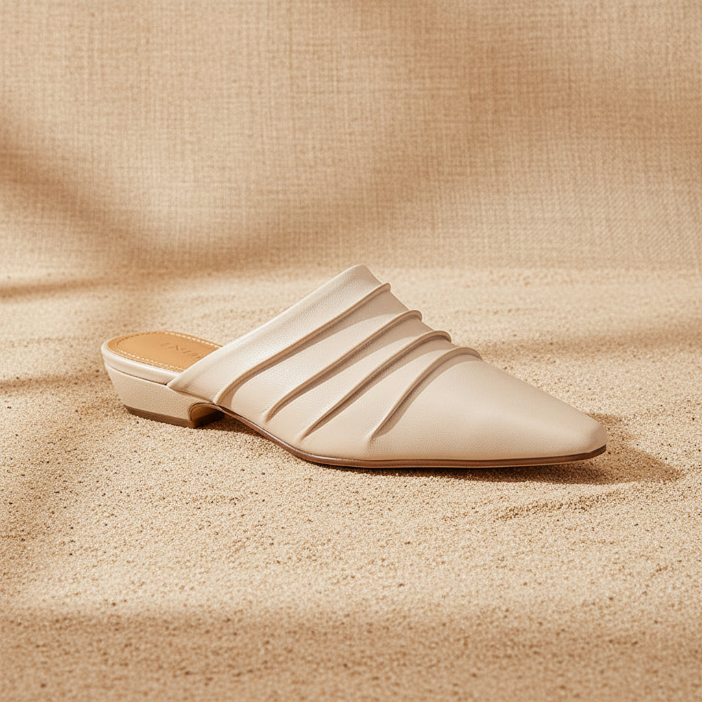 Handmade Sheepskin Ruched Mule Slides – Square Toe Low Heel FitiqueFit