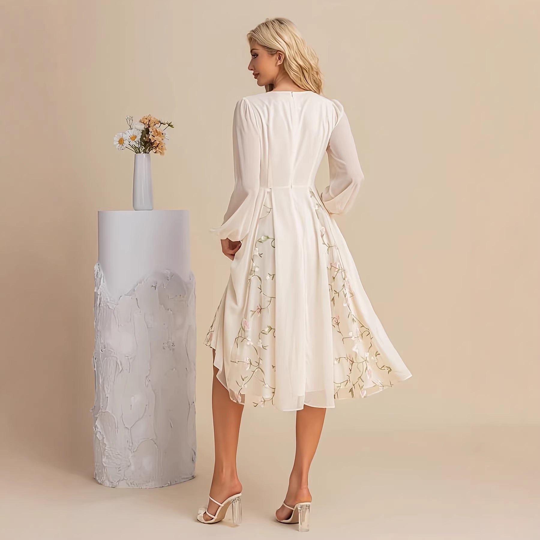 Floral Long Sleeve V-Neck Pleated Midi Dress – High Waist Flared Hem FitiqueFit