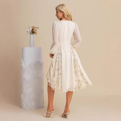 Floral Long Sleeve V-Neck Pleated Midi Dress – High Waist Flared Hem FitiqueFit