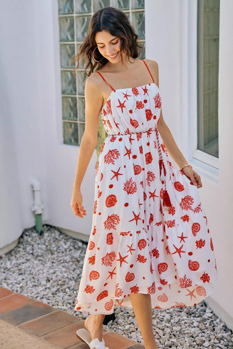 SO ME Shell Print Tiered Lined Midi Cami Dress With Belt New Era Fashion LLc