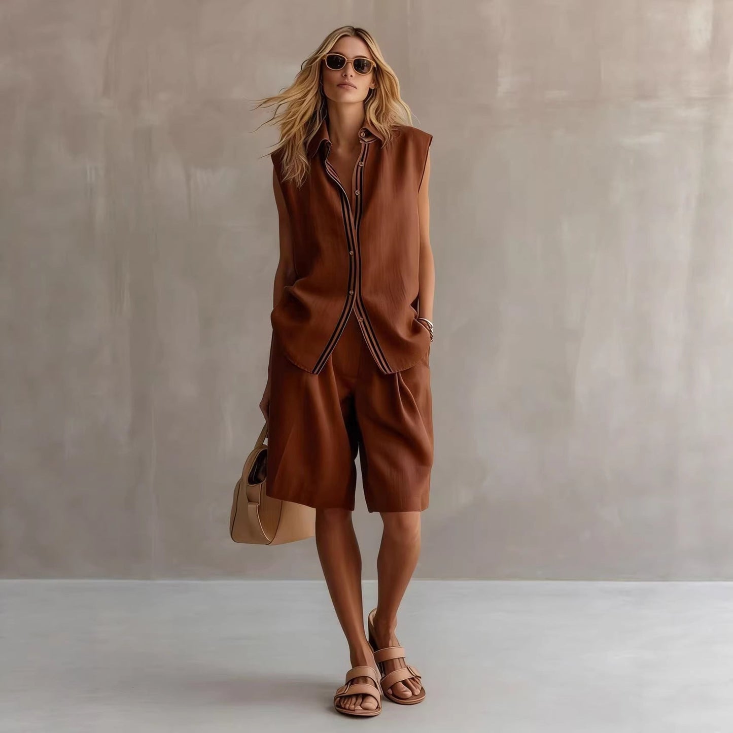 Women's Linen Shirt and Shorts Set – Sleeveless Summer Two-Piece FitiqueFit