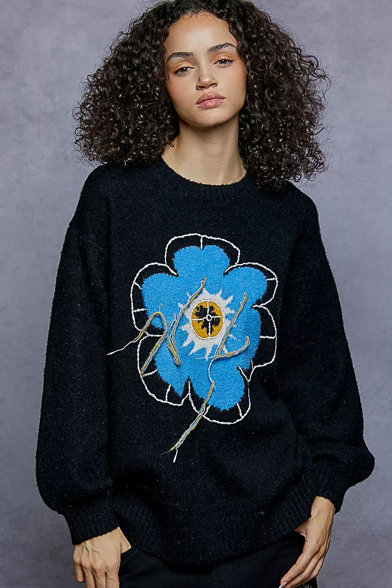 POL Floral Pattern Round Neck Sweater with Exposed Stitching FitiqueFit