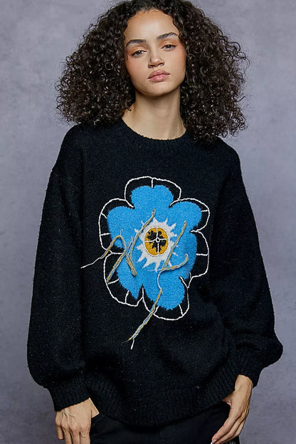POL Floral Pattern Round Neck Sweater with Exposed Stitching FitiqueFit