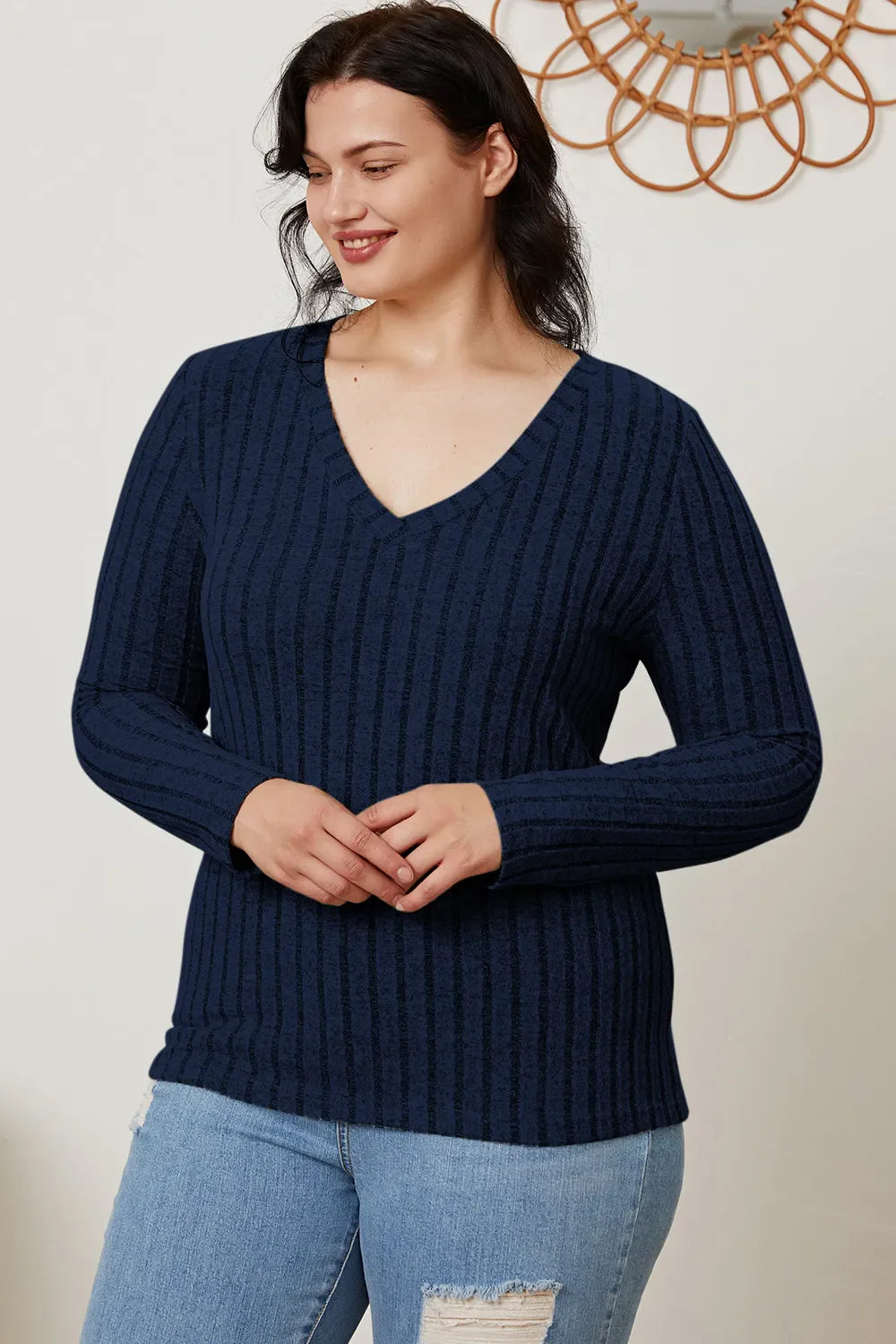 Basic Bae Full Size Ribbed V-Neck Long Sleeve T-Shirt New Era Fashion LLc