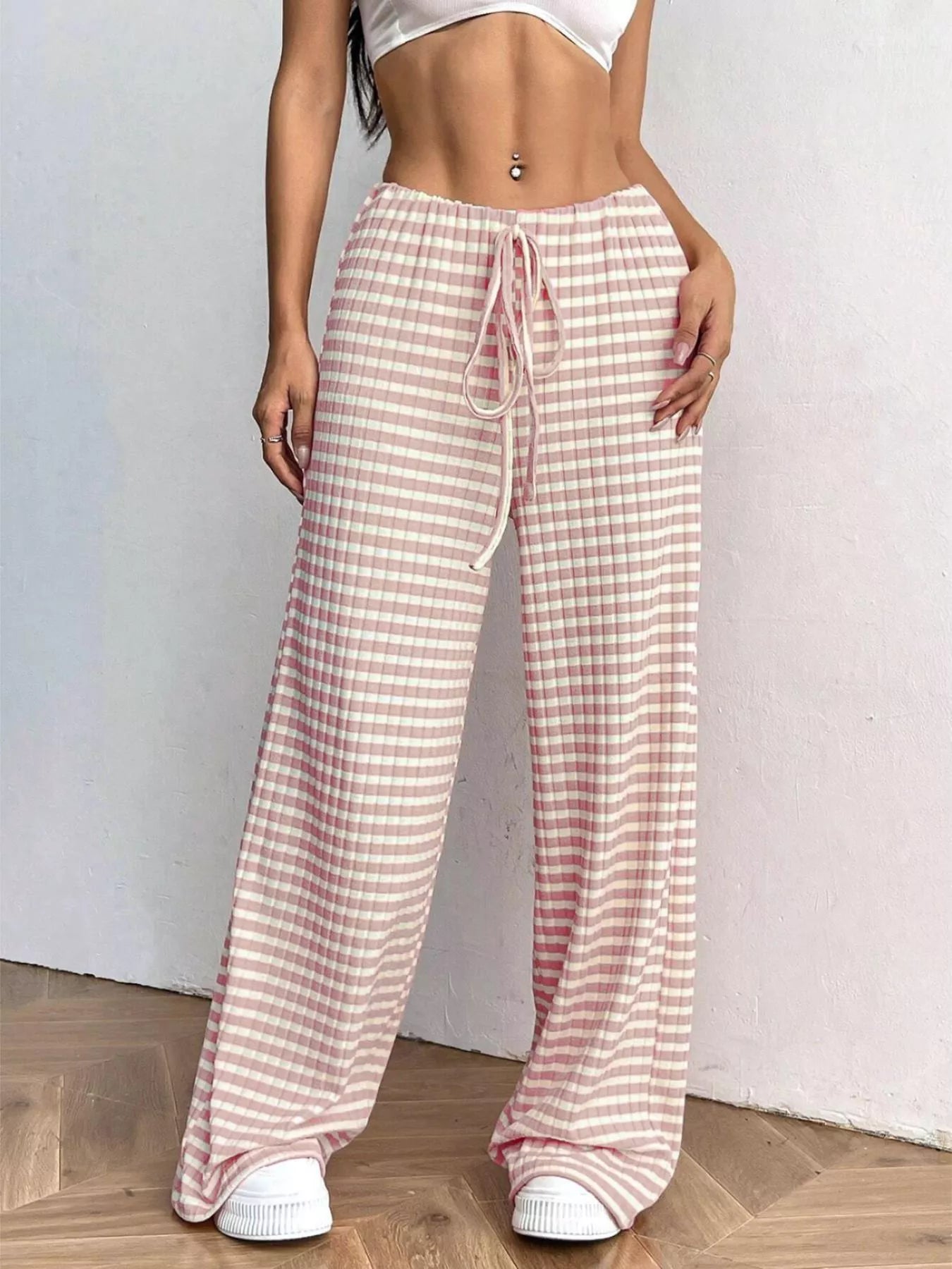 Striped Ribbed Knit Drawstring Waist Wide Leg Pants New Era Fashion LLc