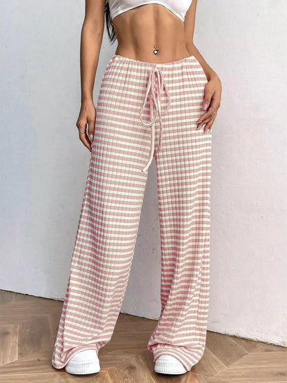 Striped Ribbed Knit Drawstring Waist Wide Leg Pants New Era Fashion LLc