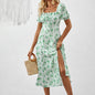 Square Neck Floral Print Dress With Puff Sleeves & Side Slit Maxi Dress FitiqueFit