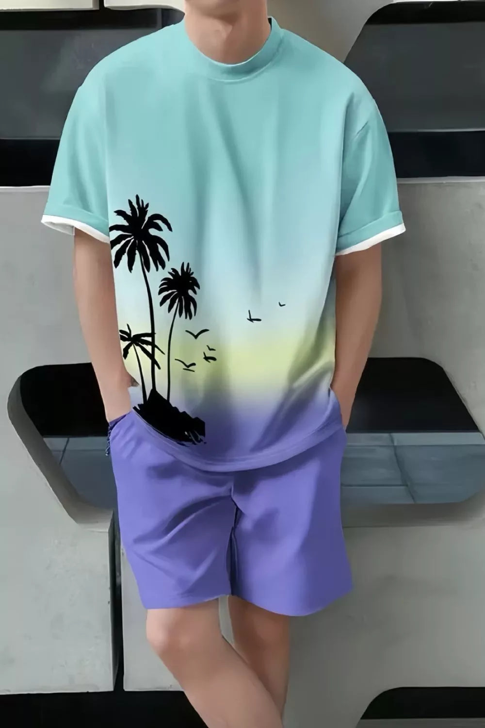 Men's Full Size Tropical Print Casual Tee and Shorts Set Plus Size New Era Fashion LLc