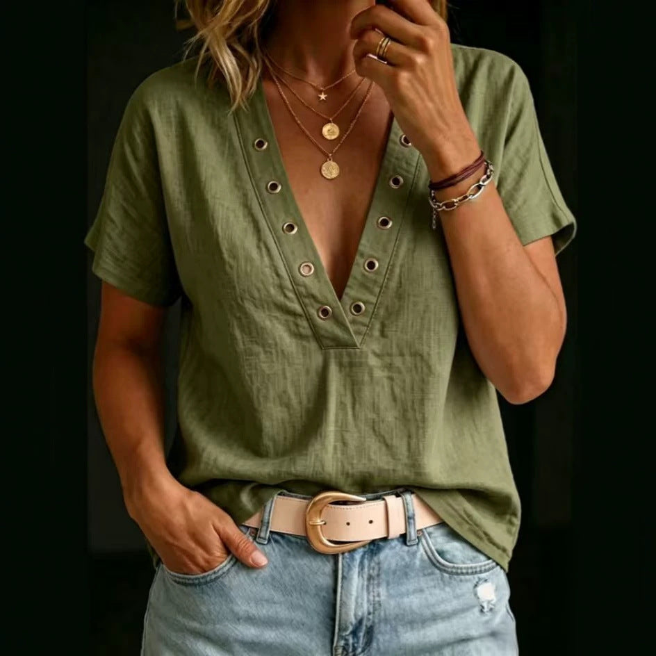 Women's V-Neck Short-Sleeve Loose-Fit Linen Shirt FitiqueFit