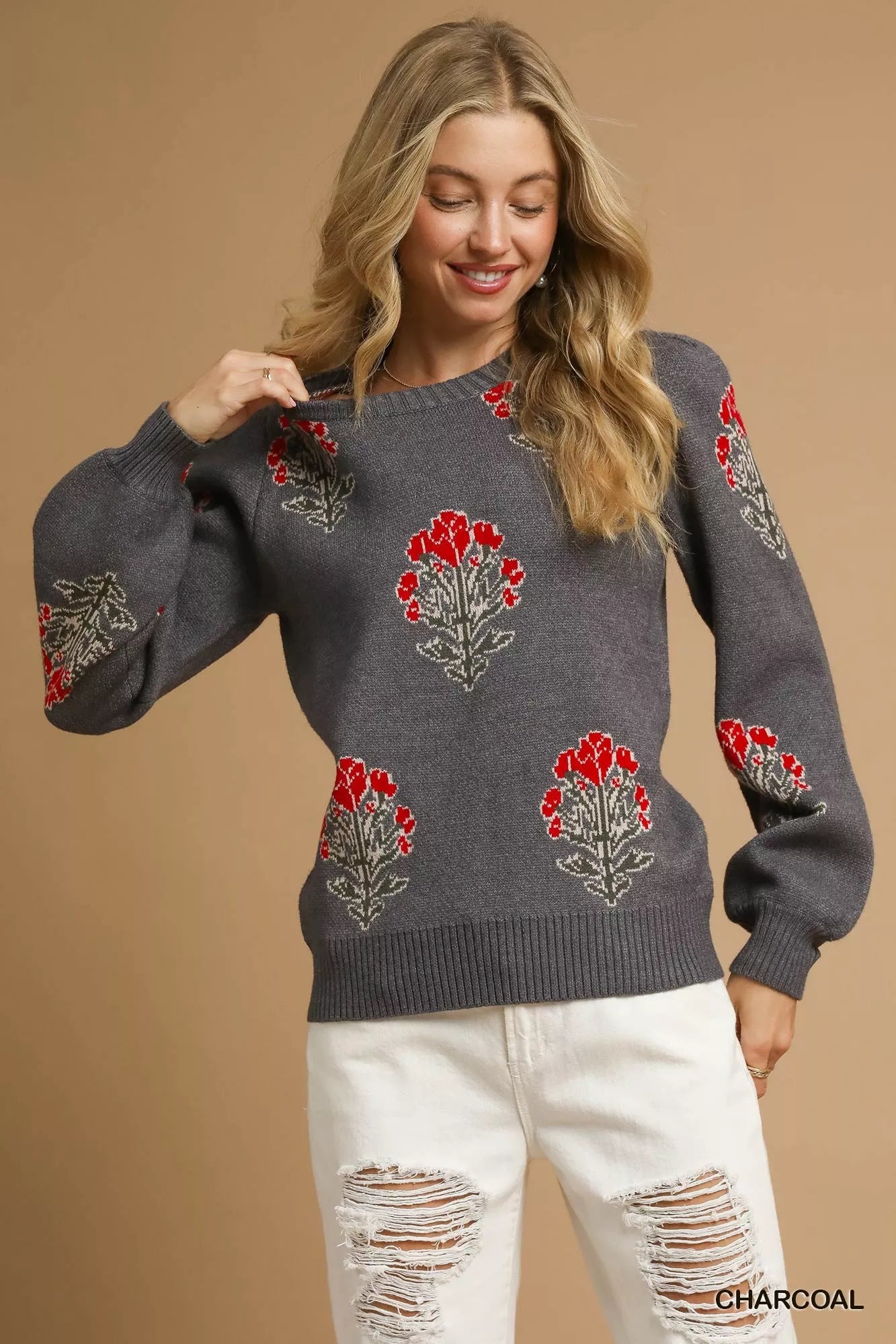 Umgee Single Flower Stem Jacquard Sweater FitiqueFit