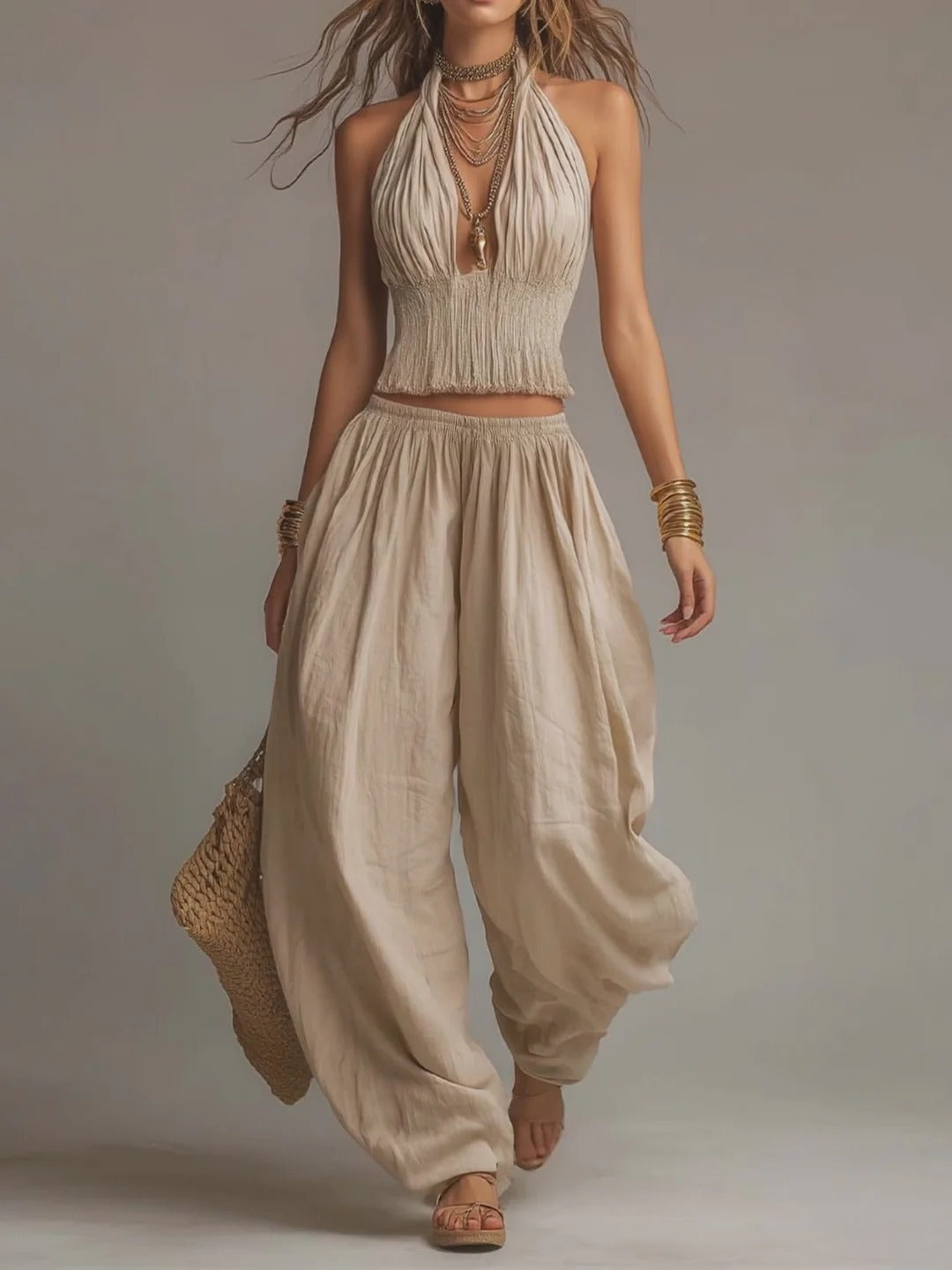 Women's Sleeveless Backless Halter Top & Wide-Leg Pants Set FitiqueFit