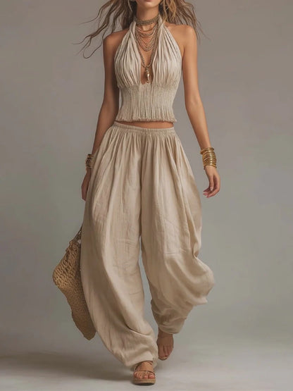 Women's Sleeveless Backless Halter Top & Wide-Leg Pants Set FitiqueFit