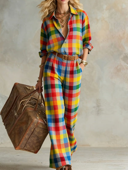 Women's Vertical Stripe Collared Loose Long-Sleeve Shirt & Wide-Leg Pants Set FitiqueFit