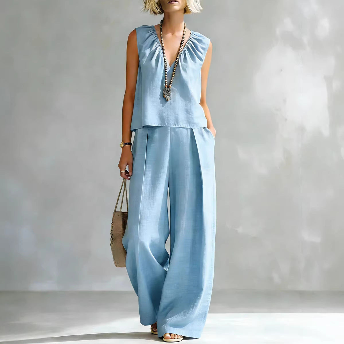 Women's Sleeveless Cotton-Linen Shirt & Pants Set – Urban 2-Piece FitiqueFit