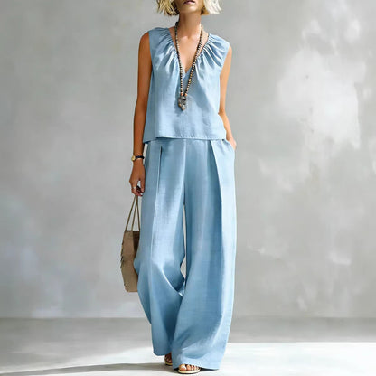 Women's Sleeveless Cotton-Linen Shirt & Pants Set – Urban 2-Piece FitiqueFit