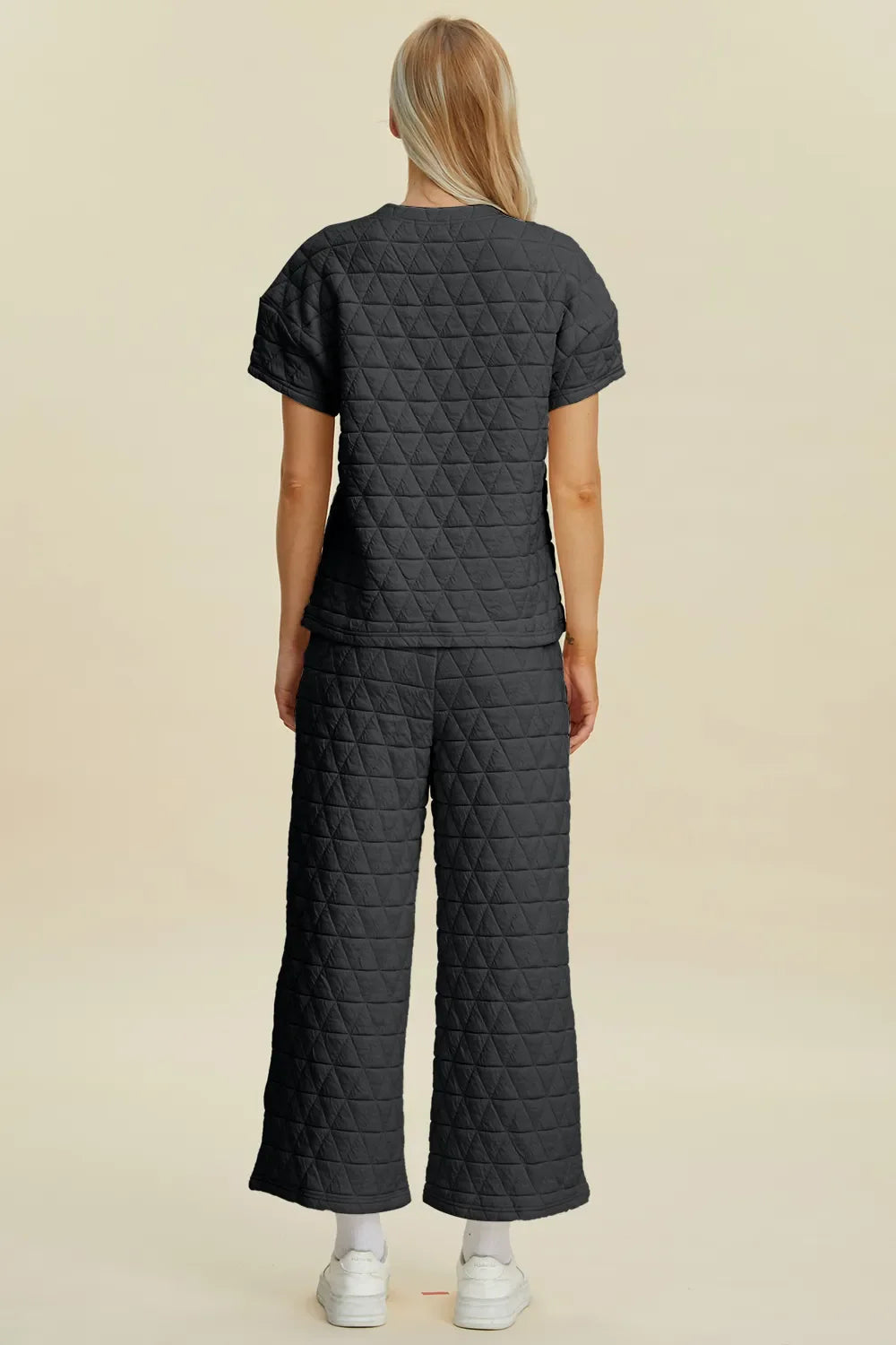 Double Take Full Size Texture Round Neck Short Sleeve Top and Pants Set West2East Surf