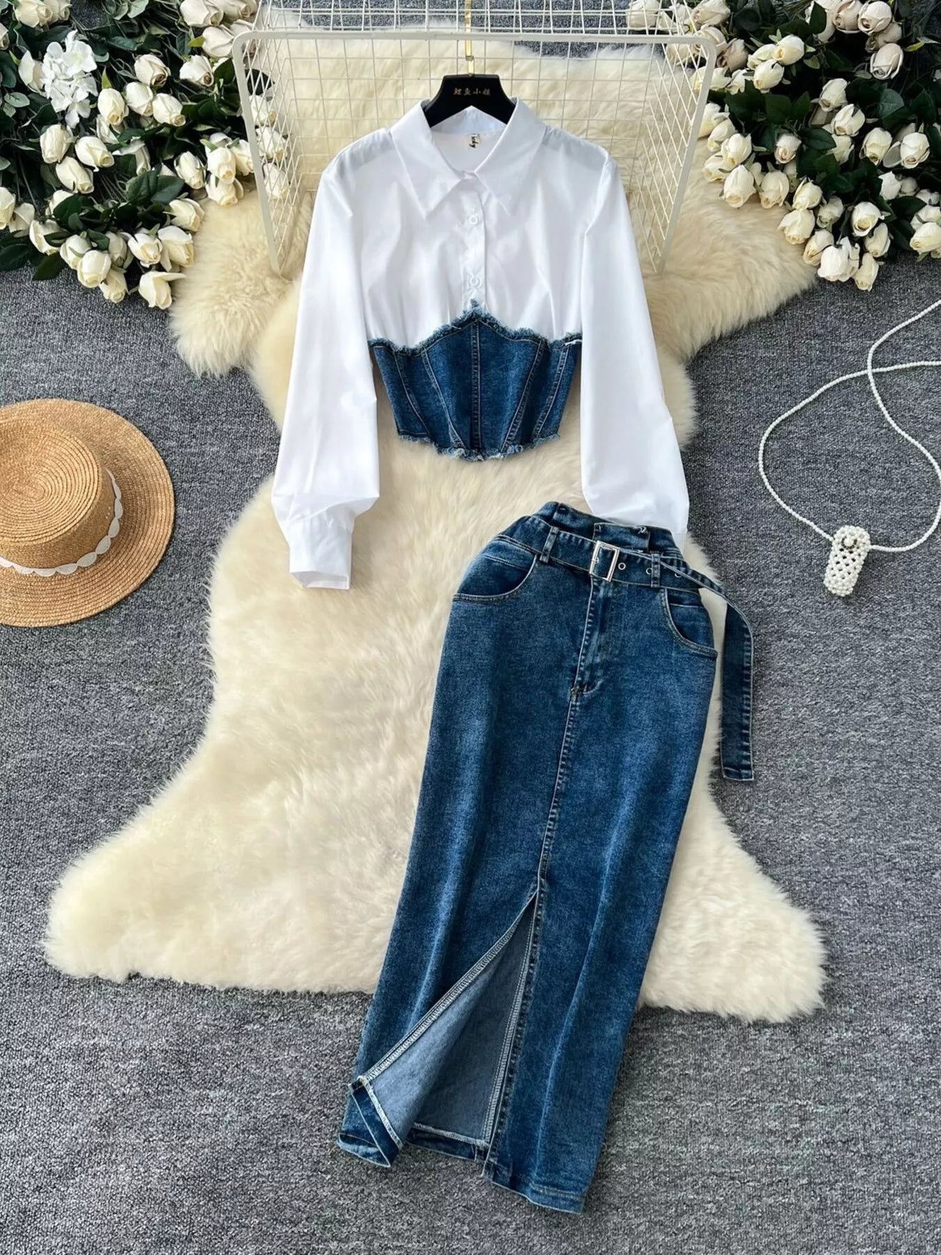 Frayed Denim Patchwork Top & Slit Maxi Skirt Denim Set New Era Fashion LLc