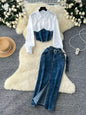 Frayed Denim Patchwork Top & Slit Maxi Skirt Denim Set New Era Fashion LLc