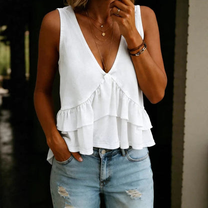 V-Neck Ruffled Sleeveless Vest Top – Solid Color Women’s Tank FitiqueFit