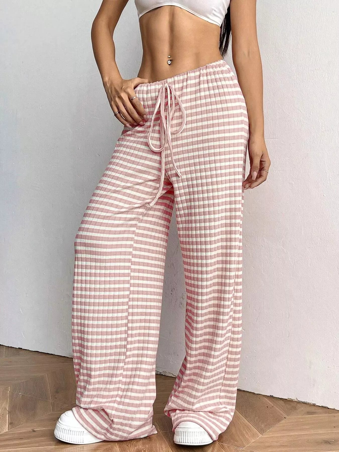 Striped Ribbed Knit Drawstring Waist Wide Leg Pants New Era Fashion LLc