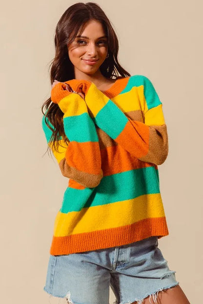 SO ME Multi Color Stripe Sweater with Ribbed Detail West2East Surf