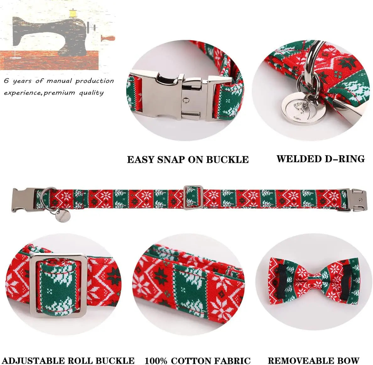 Festive Christmas Dog Collar with Removable Bow Tie - Soft, Durable, and Adjustable Cotton Collar for Small to Large Dogs