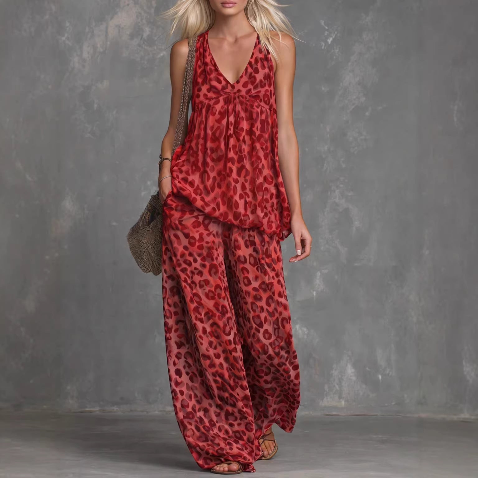 Women’s Leopard Print Sleeveless Top and Chiffon Pants Set FitiqueFit