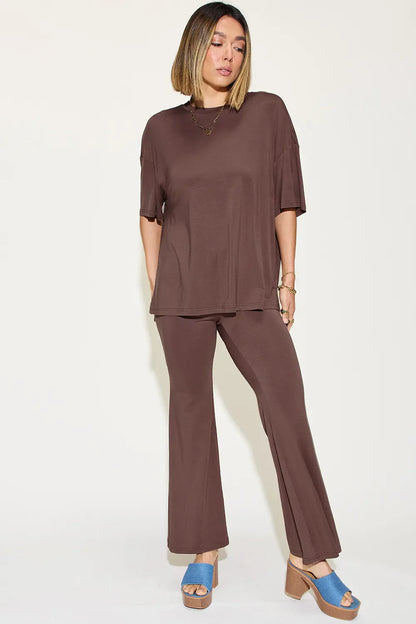 Basic Bae Full Size Bamboo Drop Shoulder T-Shirt and Flare Pants Set New Era Fashion LLc