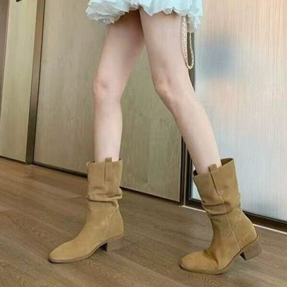 Autumn Western Pleated Short Cowhide Leather Boots for Women FitiqueFit