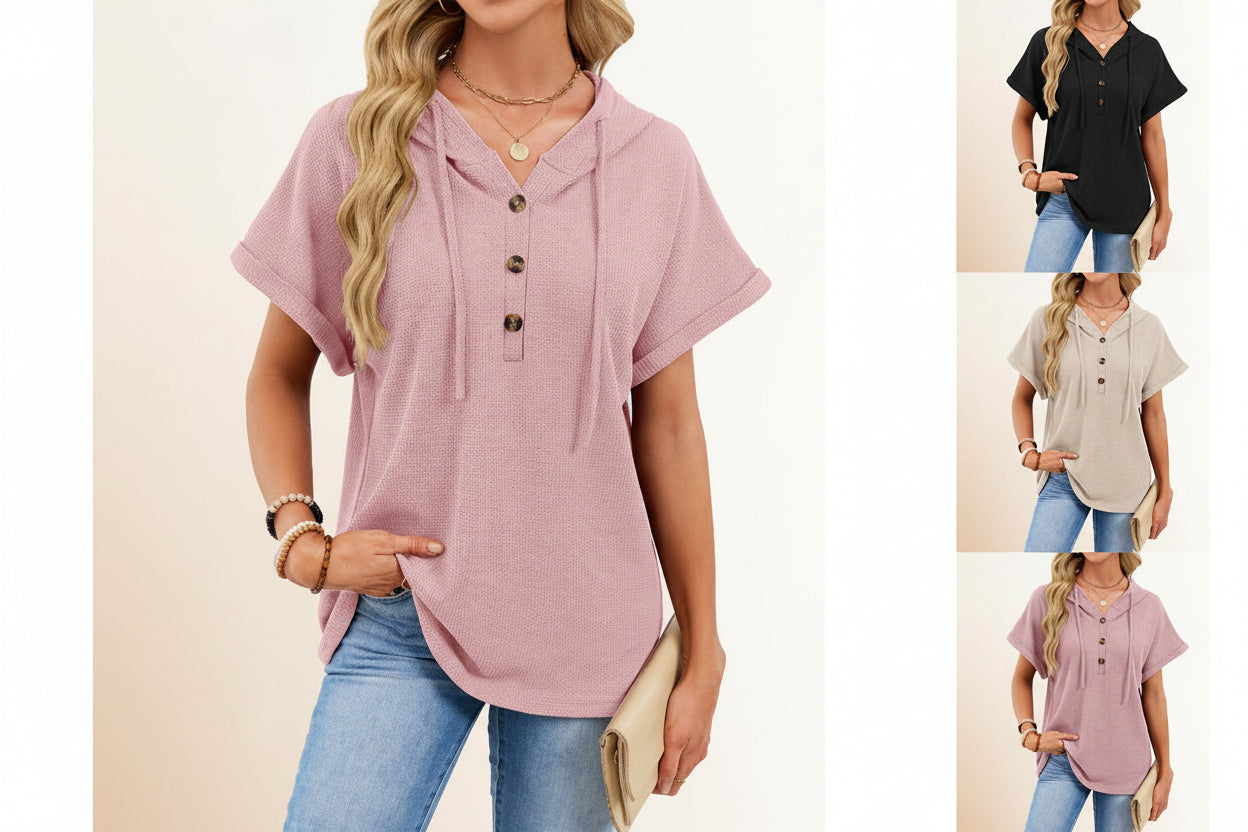 Women's Waffle Knit Hooded Short-Sleeve Top – Drawstring Button Pullover FitiqueFit