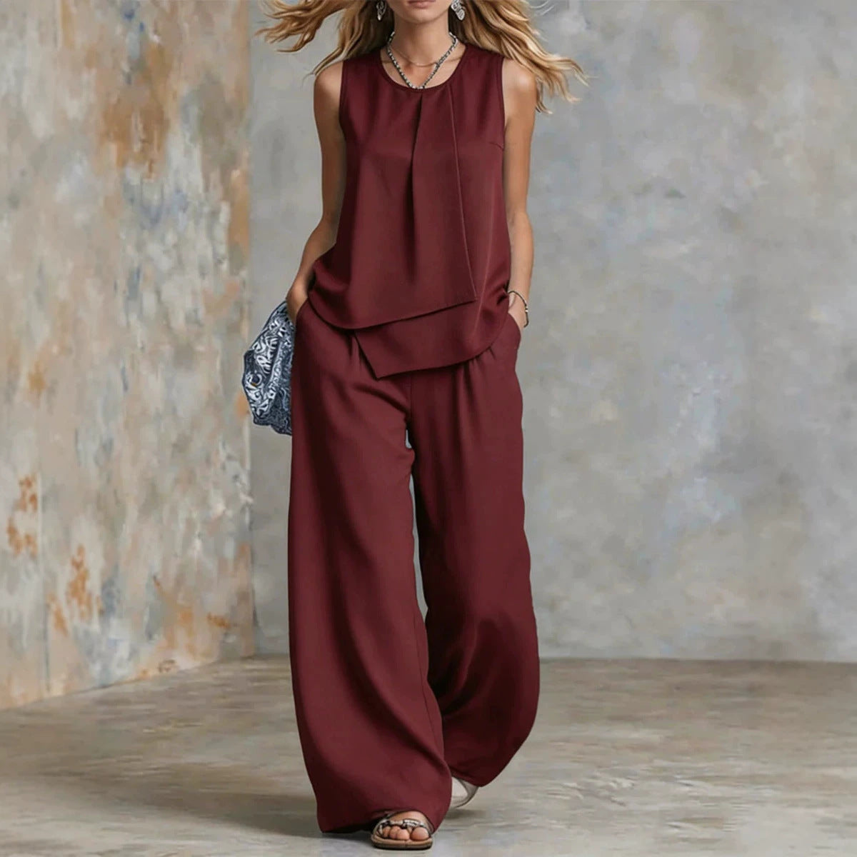 Women's Sleeveless Two-Piece Set – Solid Color Wide-Leg Pants & Top FitiqueFit