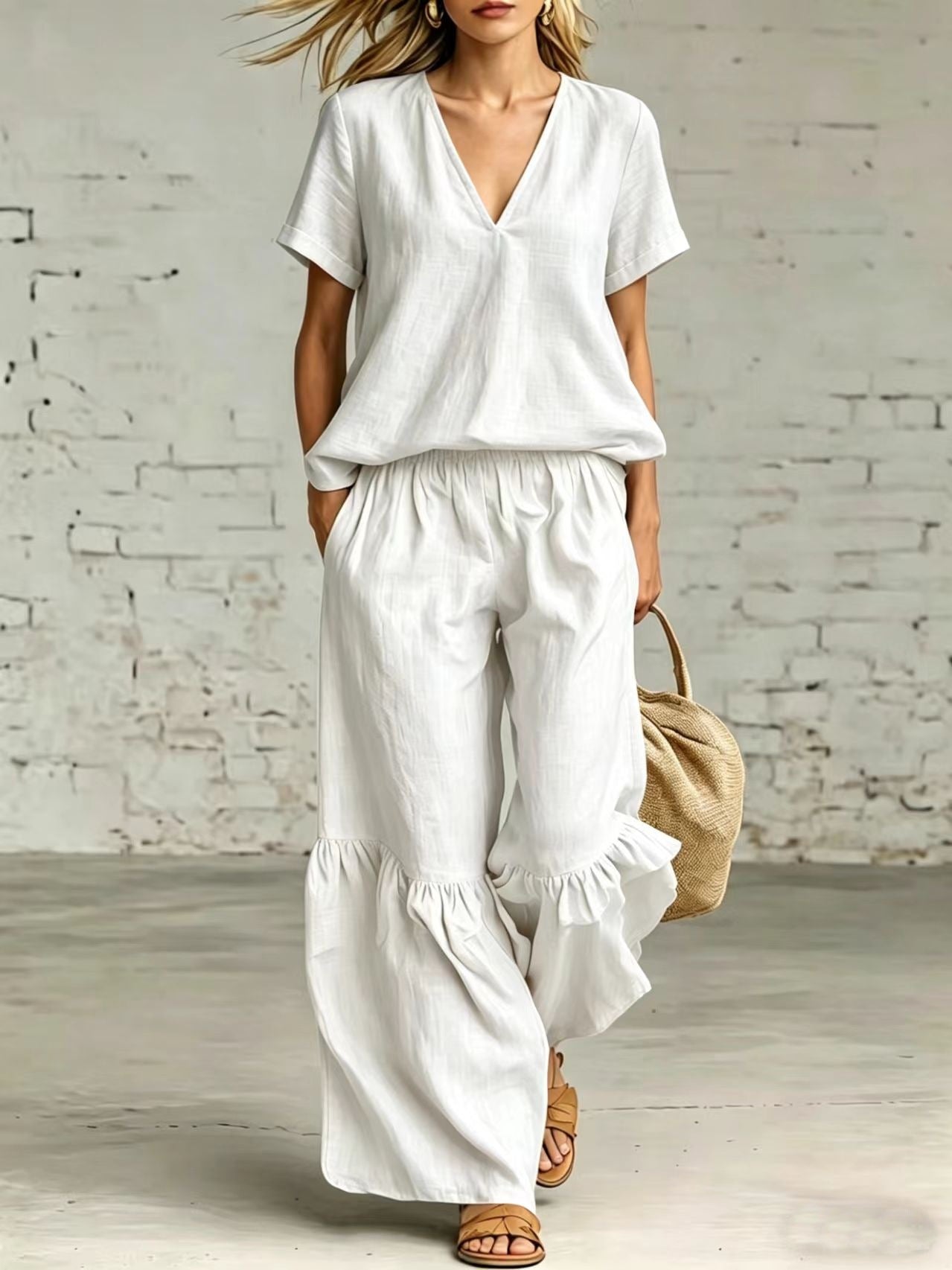 V-Neck Loose Short-Sleeve Top & Pants Set – 7 Colors, S–5XL FitiqueFit