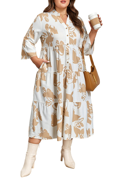 Khaki Patterned Ruffled Sleeve Half Placket Tiered A-line Plus Size Long Dress Garden Naked Curves