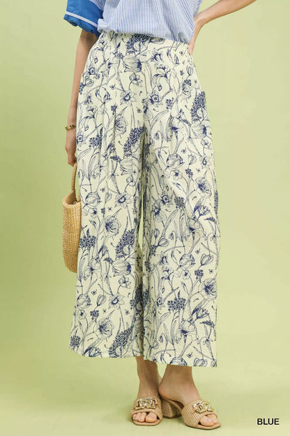 Umgee Two Tone Floral Print Pants Montret