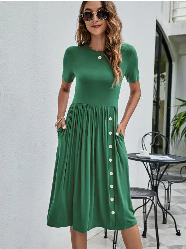 Solid Color Button Pocket Casual Women's Dress