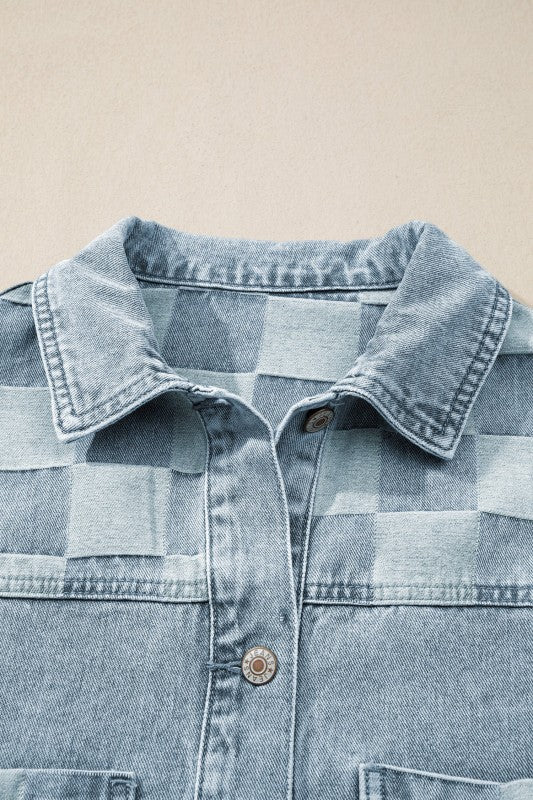 Checker Patchwork Denim Buttoned Jacket See size chart under “more details” The Fashion Celestial