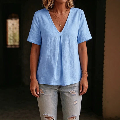 Women's Pleated Cotton-Linen Short-Sleeve Shirt – 5 Colors S–XXL FitiqueFit